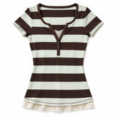 2000s Brown & Blue Striped Henley Top