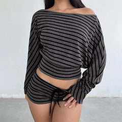2000s One-Shoulder Top & Striped Shorts Set