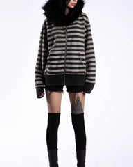 2000s Striped Faux Fur Zip-Up Hoodie