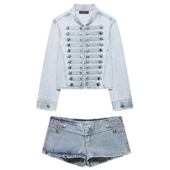 Model Casting Frogging Denim Jacket & Shorts Set