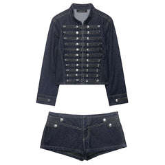 Model Casting Frogging Denim Jacket & Shorts Set