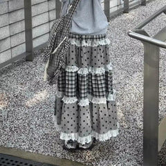 Black White Polka Dot Gingham Maxi Skirt