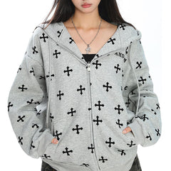 Cross Print Zip Up Hoodie