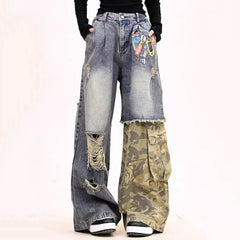 Distressed Camouflage Patchwork Jeans
