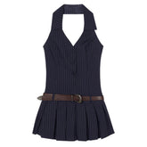 Pinstripe Halter Pleated Mini Dress