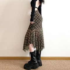 Plaid Asymmetrical Mesh Skirt