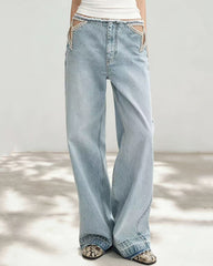 Rhinestone Star Cutout Wide Leg Jeans