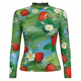 Strawberry Print Mesh Long Sleeve Top