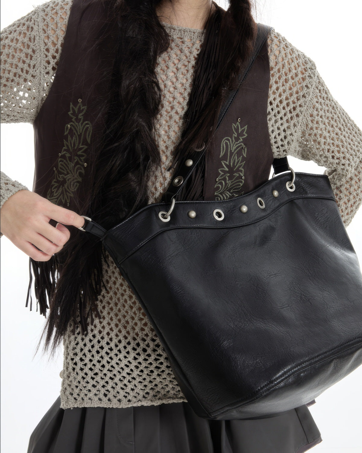 Too Busy Grommet Stud Black Shoulder Bag