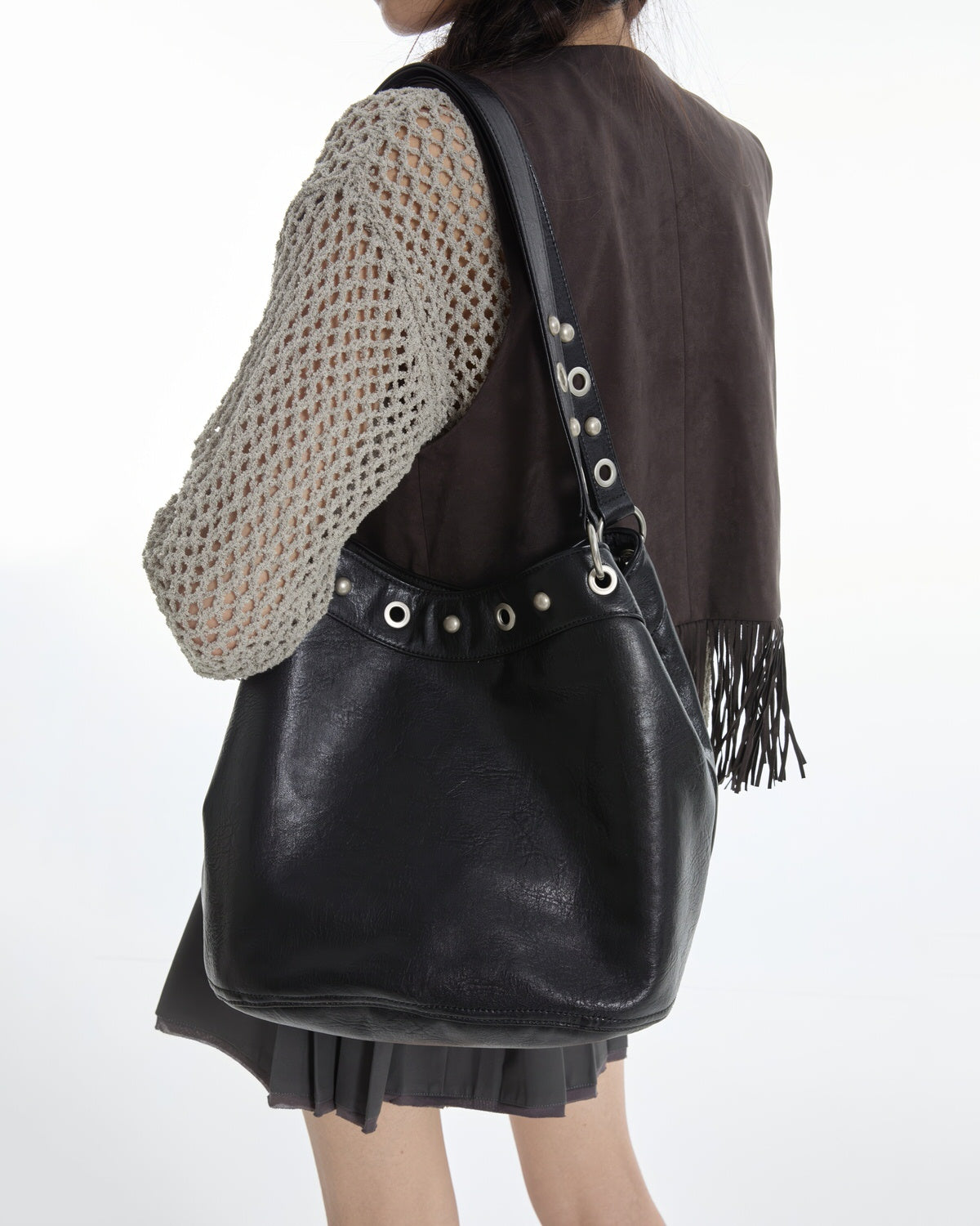 Too Busy Grommet Stud Black Shoulder Bag