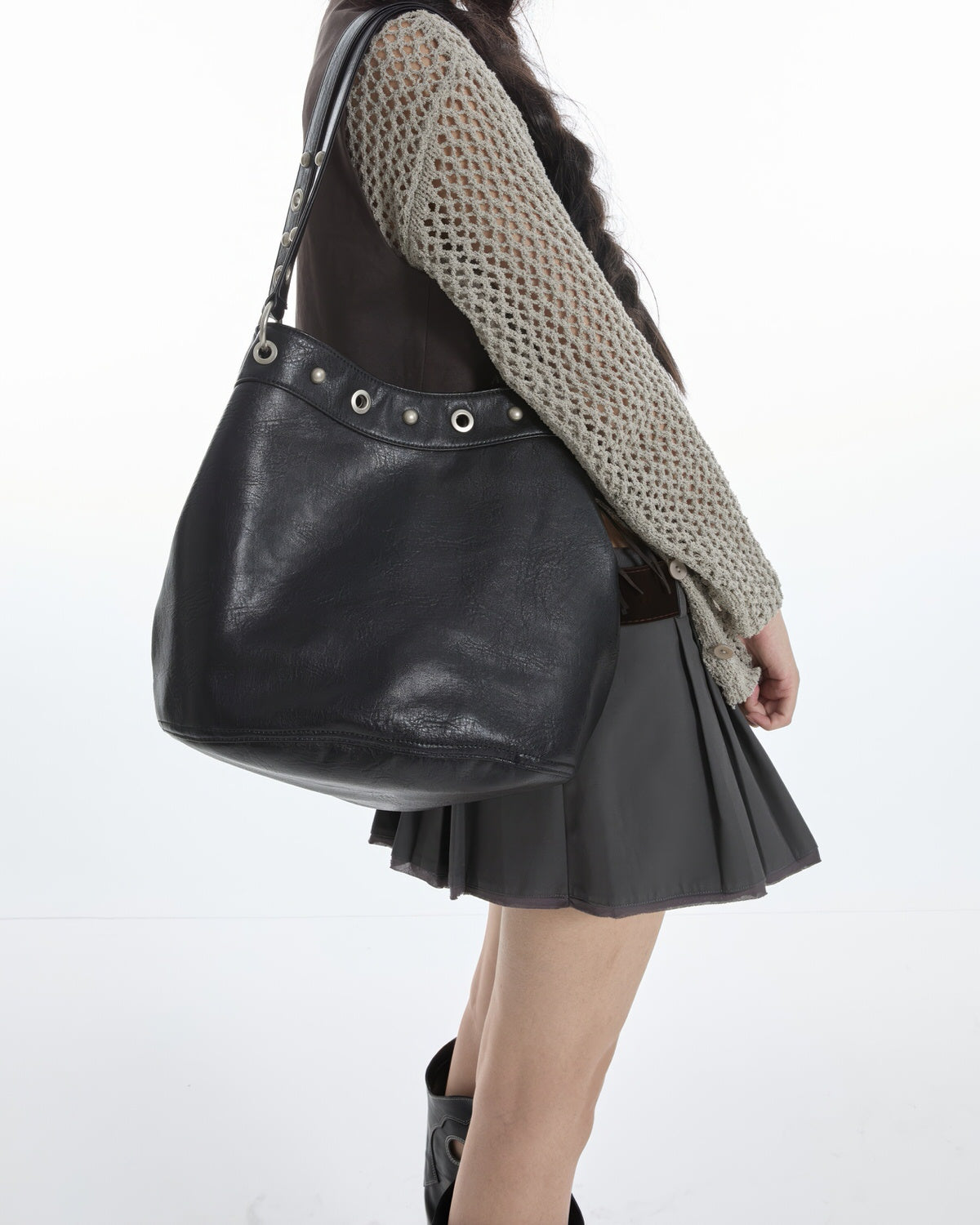 Too Busy Grommet Stud Black Shoulder Bag