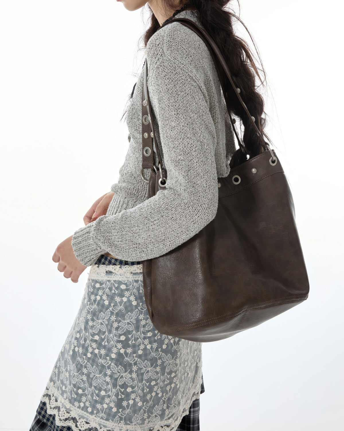Too Busy Grommet Stud Brown Shoulder Bag