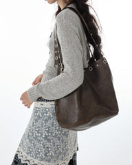 Too Busy Grommet Stud Brown Shoulder Bag