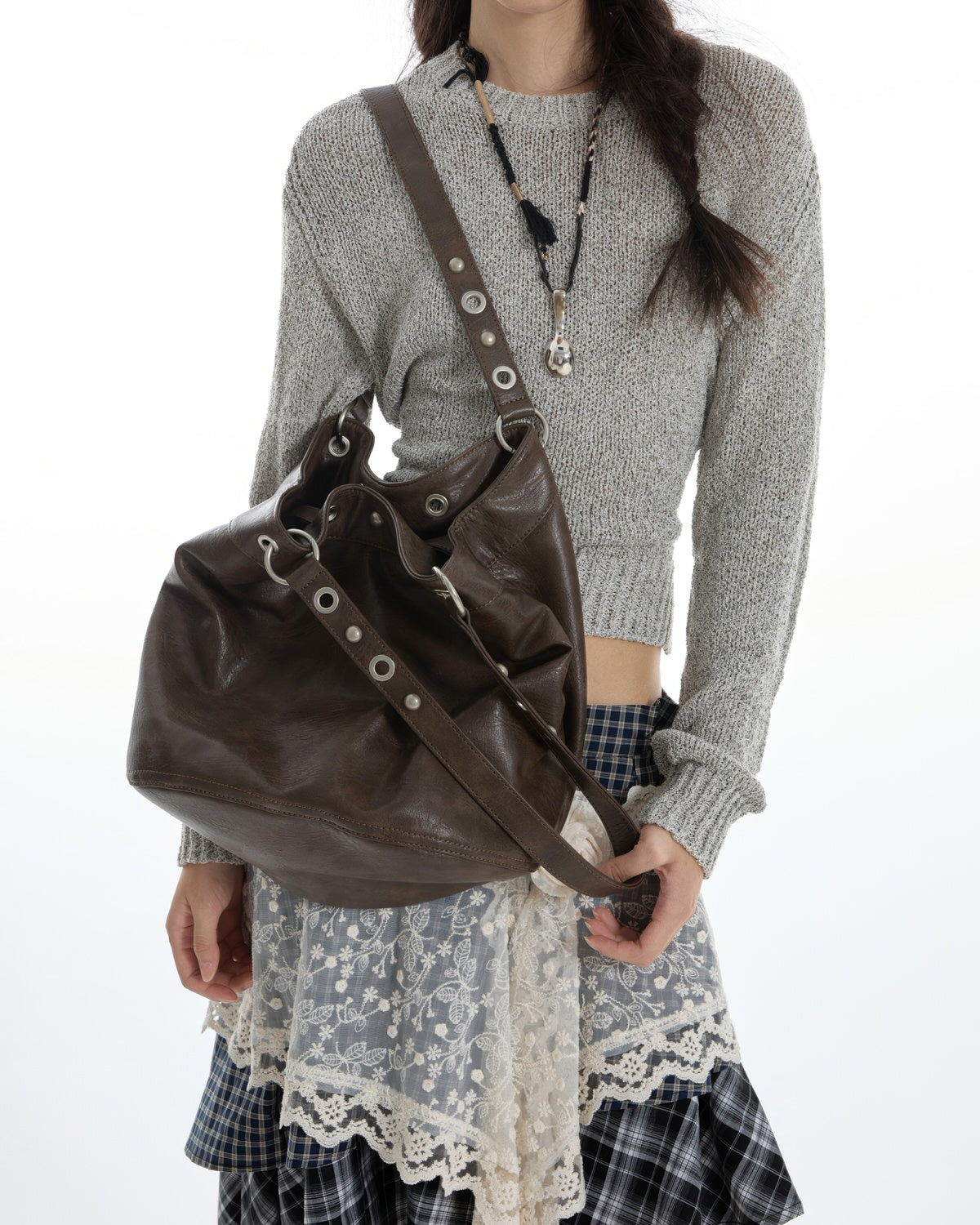 Too Busy Grommet Stud Brown Shoulder Bag