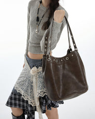 Too Busy Grommet Stud Brown Shoulder Bag