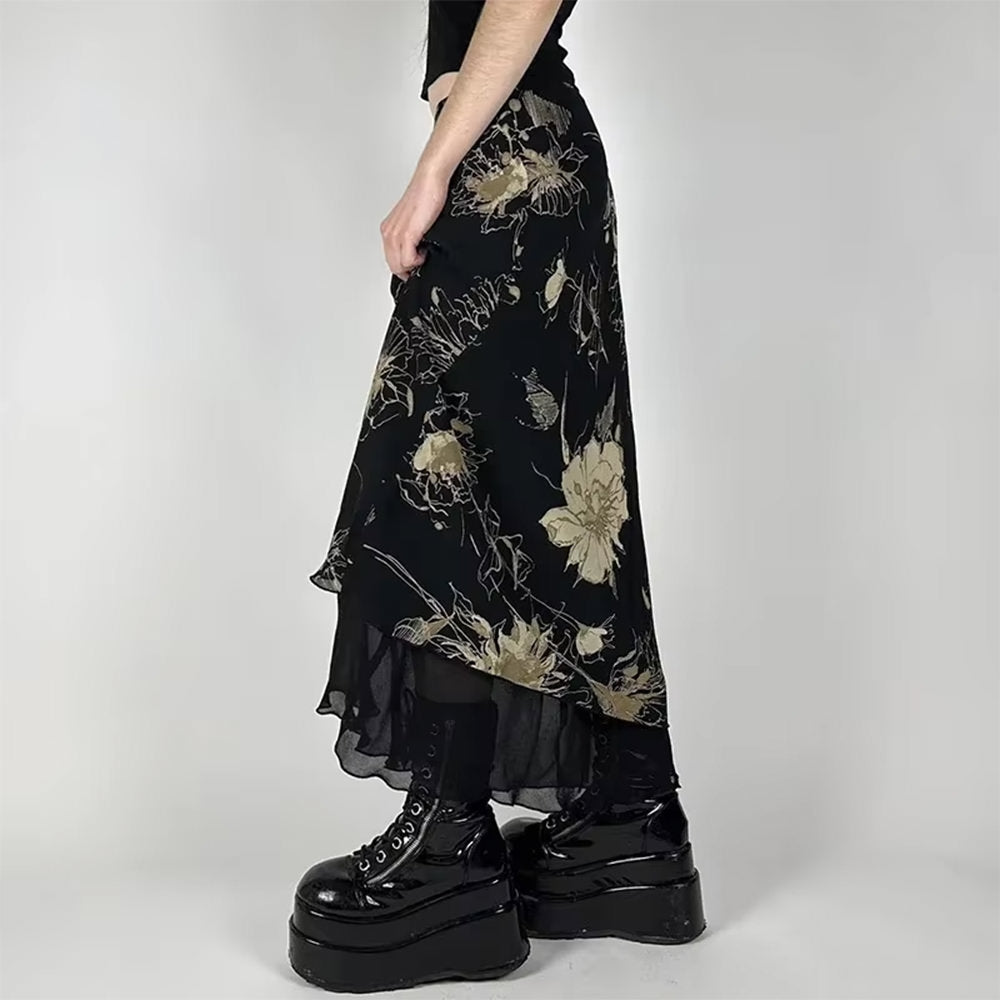 Midnight Bloom Mesh Midi Skirt