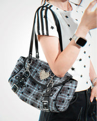 Come As You Are Spiked Heart Plaid Shoulder Bag
