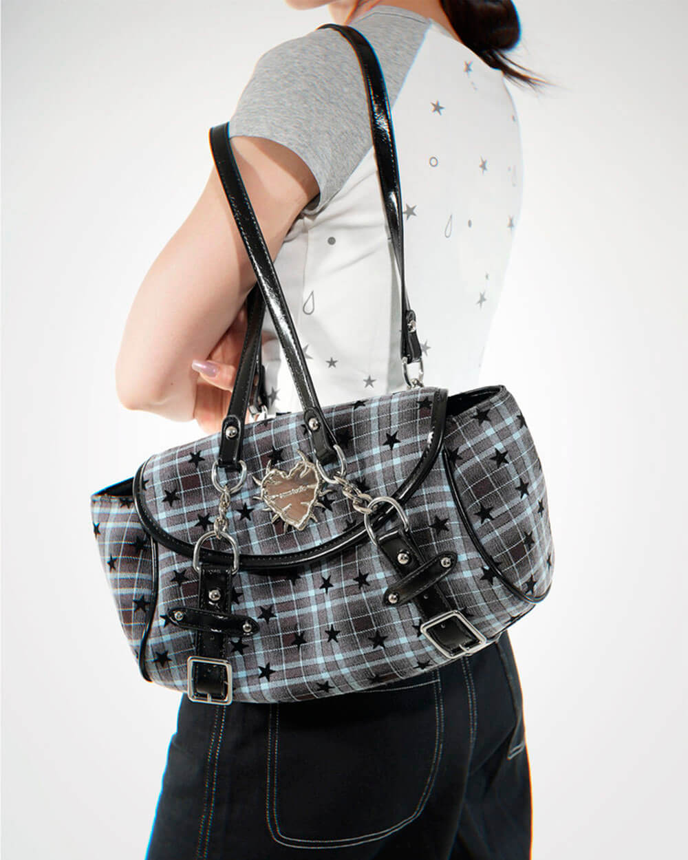 Come As You Are Spiked Heart Plaid Shoulder Bag
