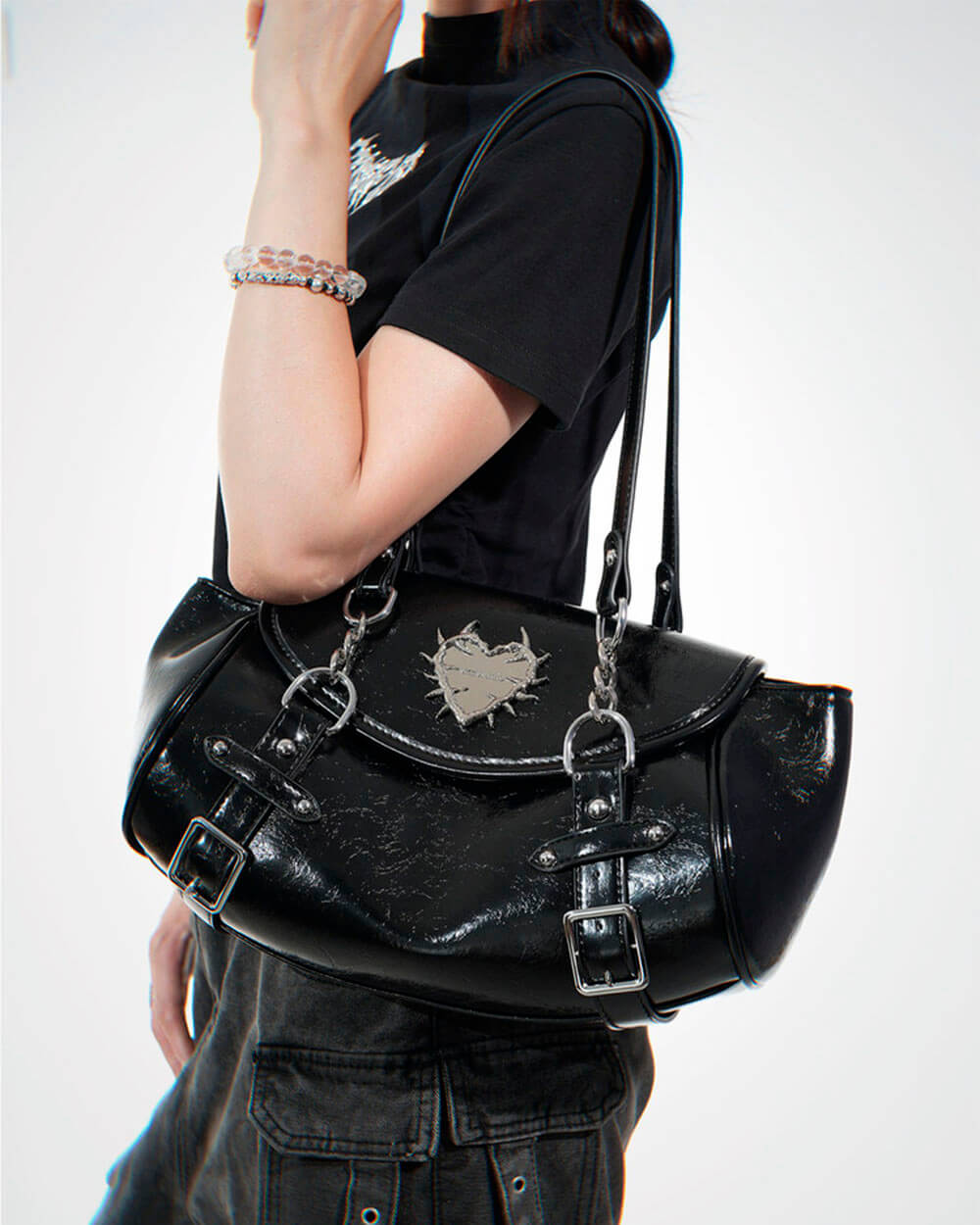 Come As You Are Spiked Heart Plaid Shoulder Bag