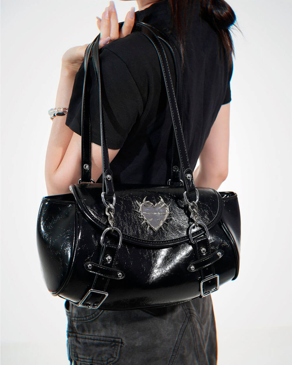 Come As You Are Spiked Heart Plaid Shoulder Bag