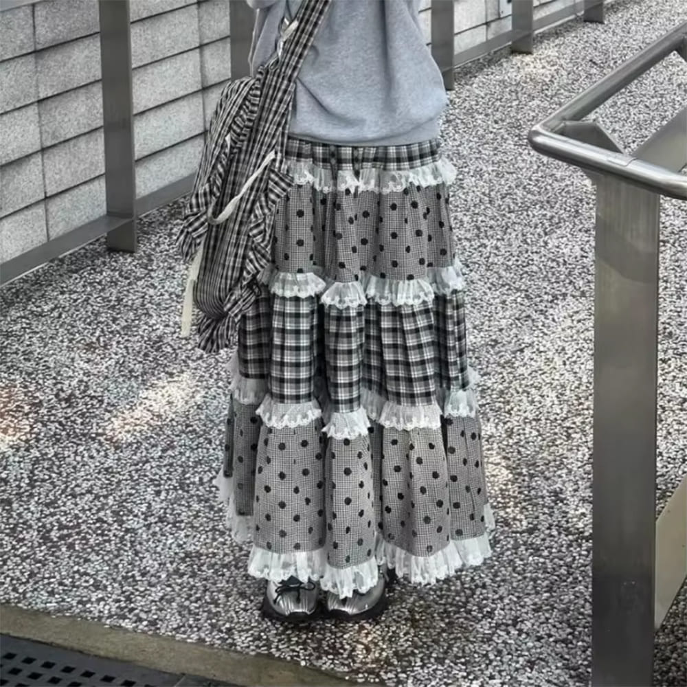 Black White Polka Dot Gingham Maxi Skirt