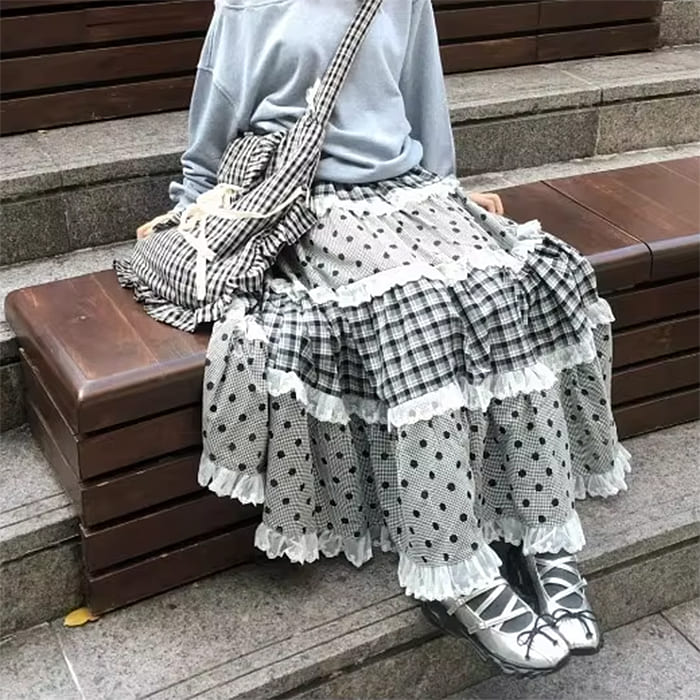 Black White Polka Dot Gingham Maxi Skirt
