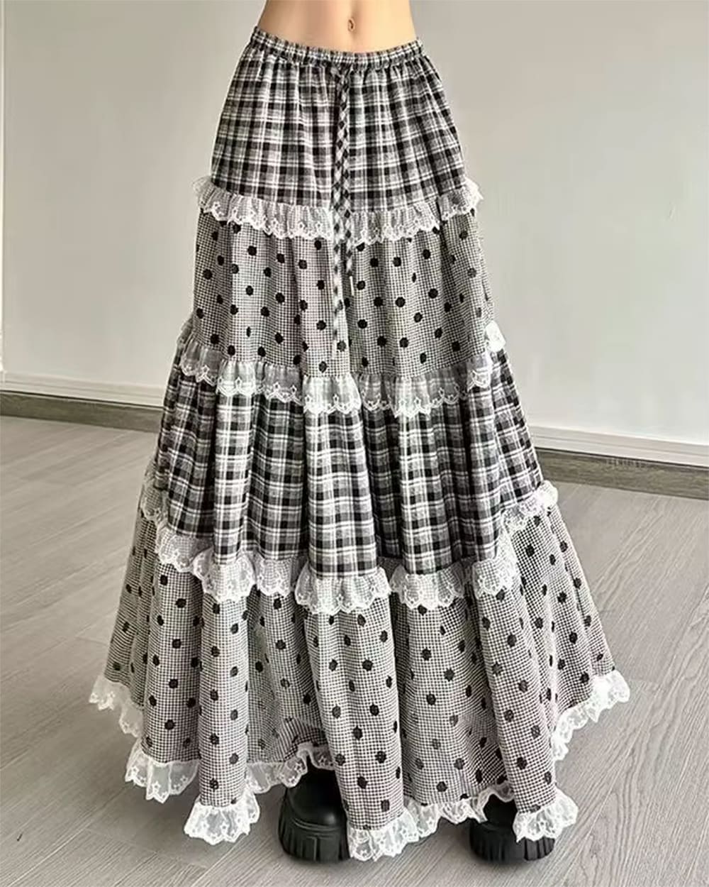 Black White Polka Dot Gingham Maxi Skirt