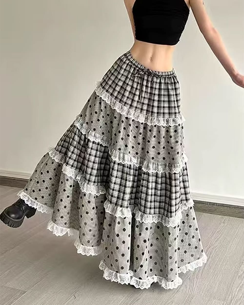 Black White Polka Dot Gingham Maxi Skirt
