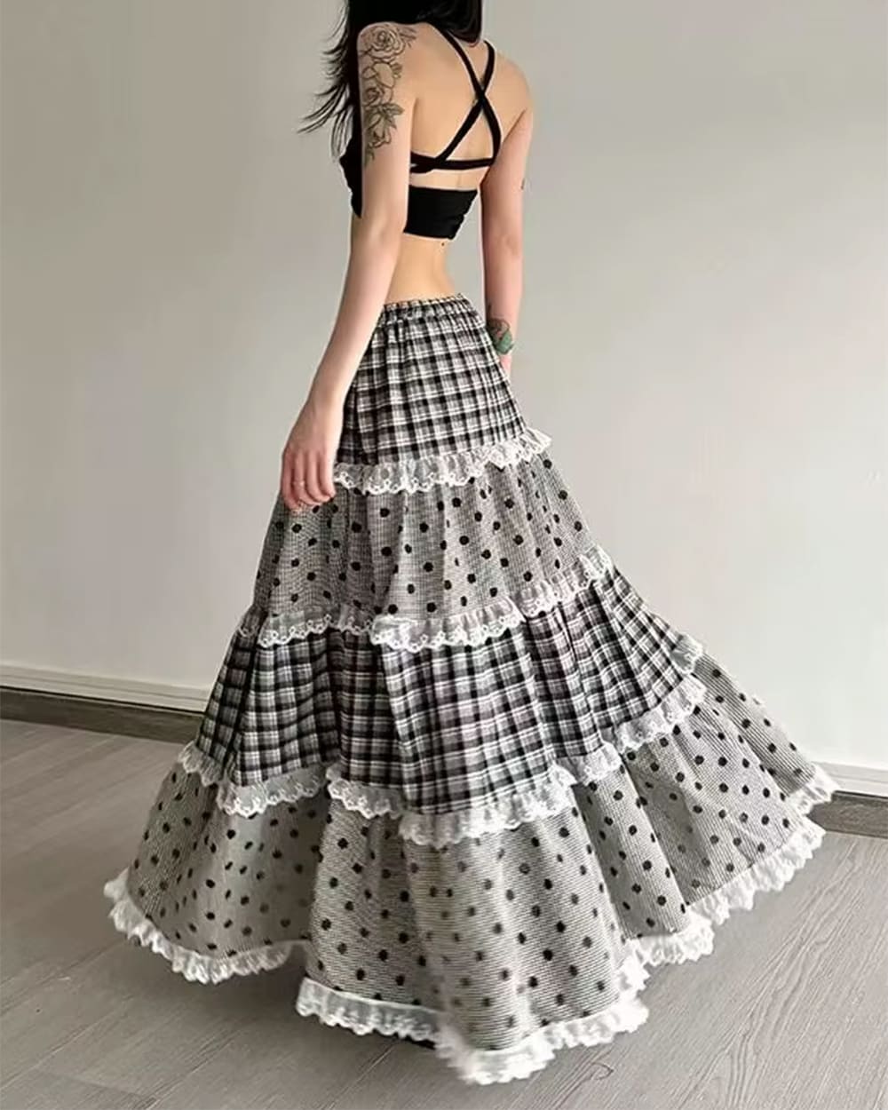 Black White Polka Dot Gingham Maxi Skirt