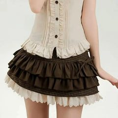 Library Crush Brown Plaid Ruffle Mini Skirt
