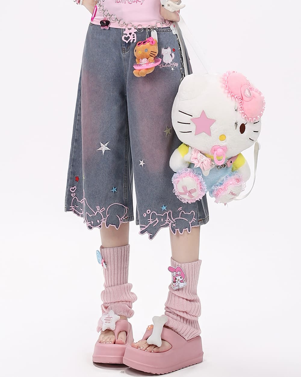Cat Print Denim Shorts