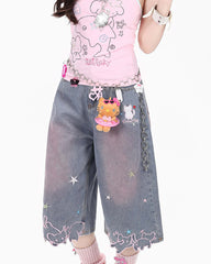 Cat Print Denim Shorts