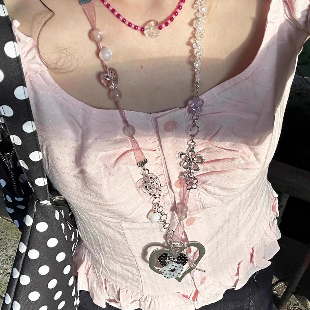 Coquette Heart Charm Beaded Necklace