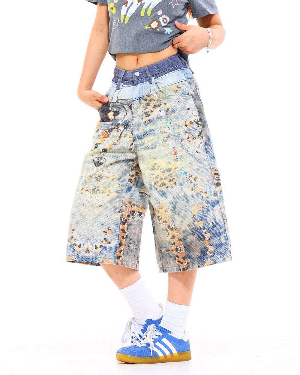 I Woke Up Cute Chain Print Denim Shorts