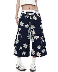 Daisy Print Wide Leg Cargo Shorts