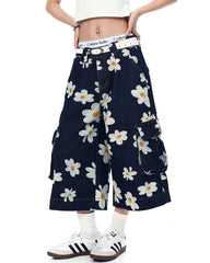 Daisy Print Wide Leg Cargo Shorts