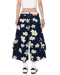 Daisy Print Wide Leg Cargo Shorts