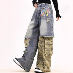 Distressed Camouflage Patchwork Jeans
