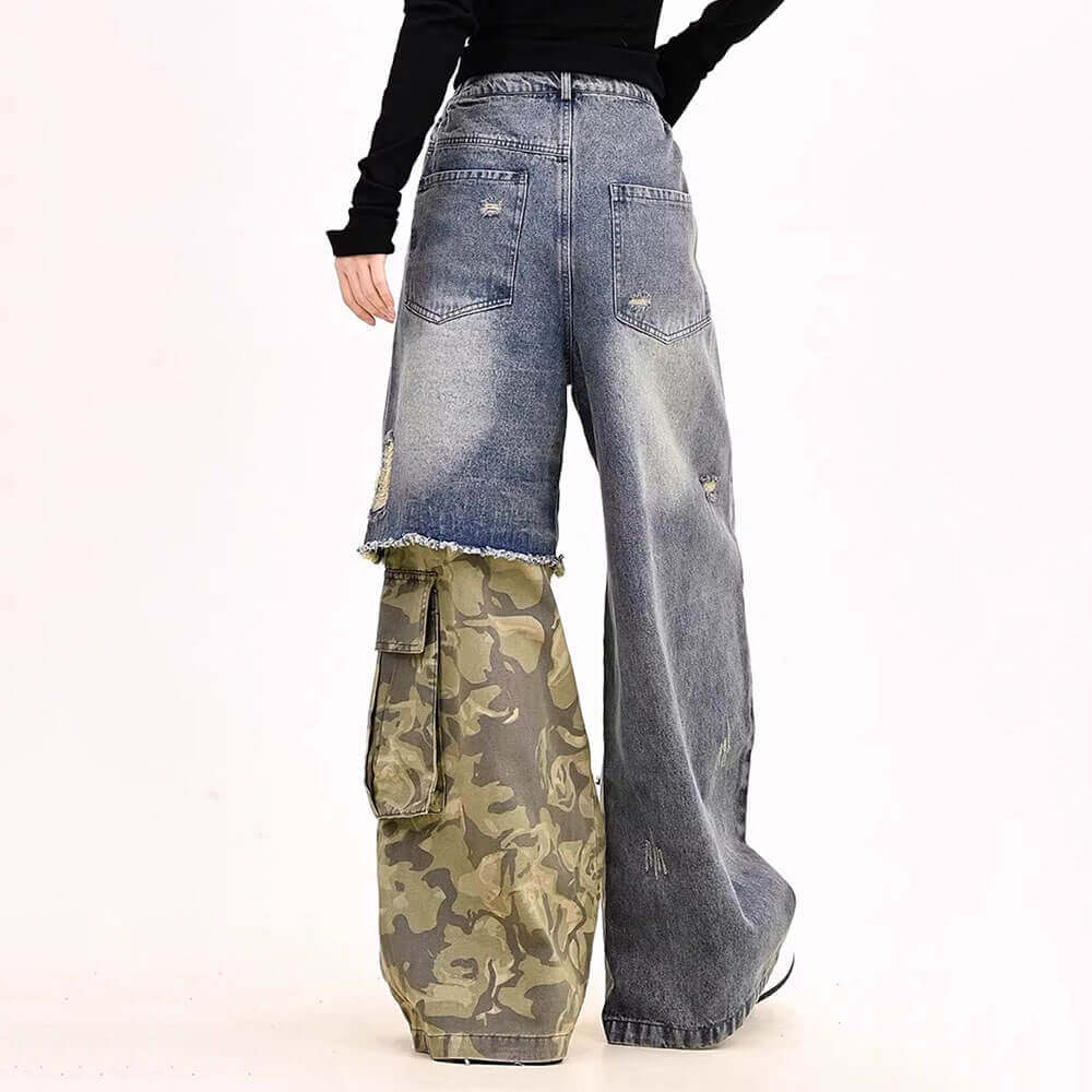 Distressed Camouflage Patchwork Jeans