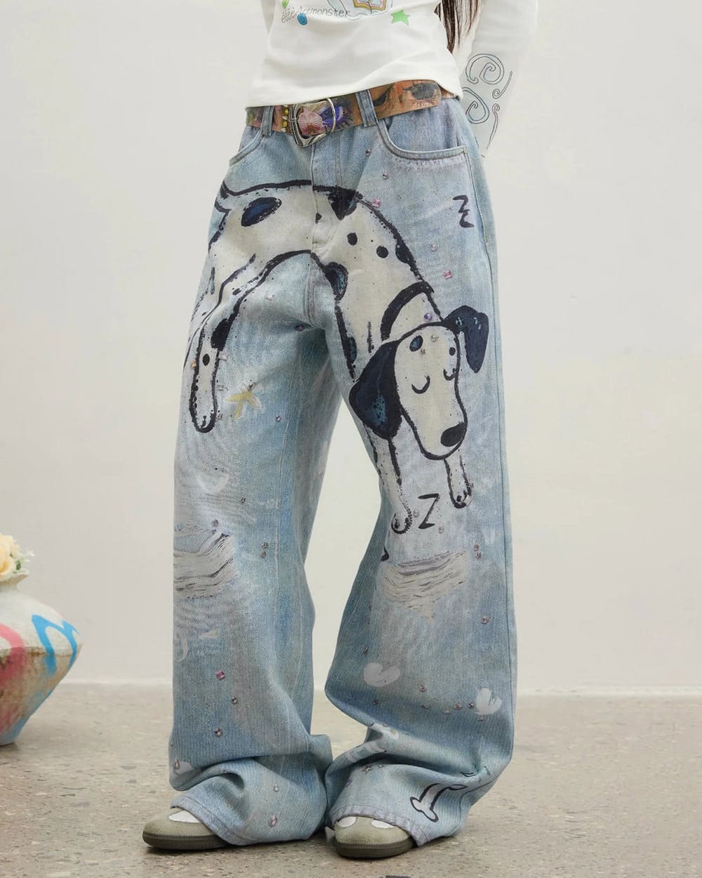 Dog Print Wide Leg Jeans