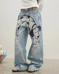Dog Print Wide Leg Jeans