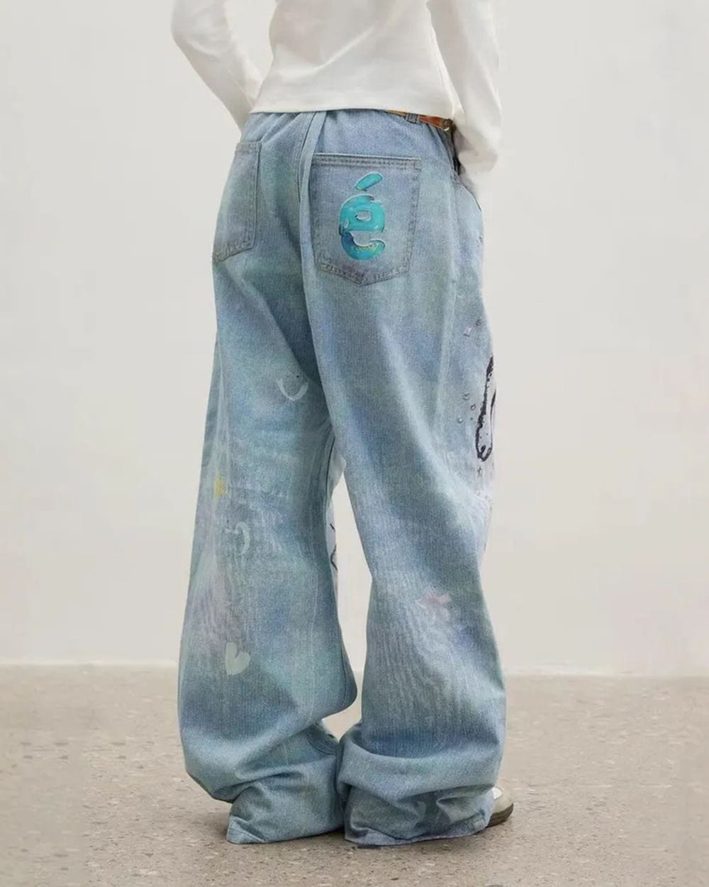 Dog Print Wide Leg Jeans