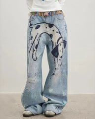 Dog Print Wide Leg Jeans