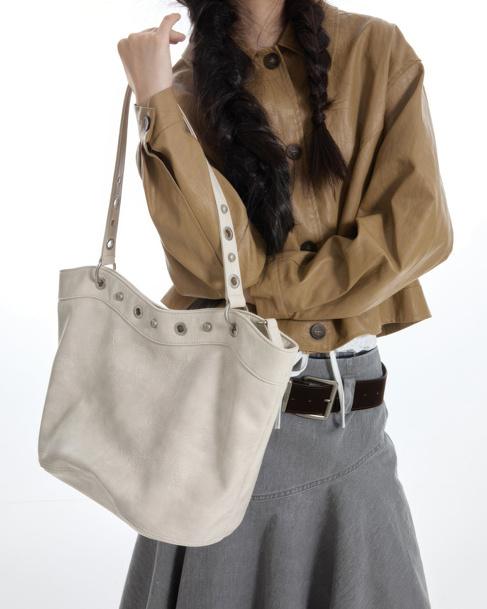 Too Busy Grommet Stud Beige Shoulder Bag