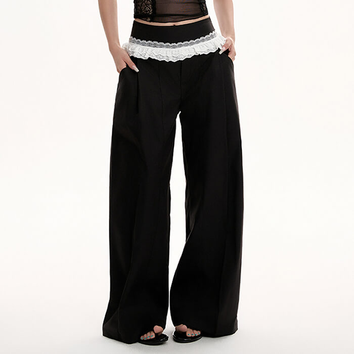 Lace Trim Waist Wide-Leg Trousers