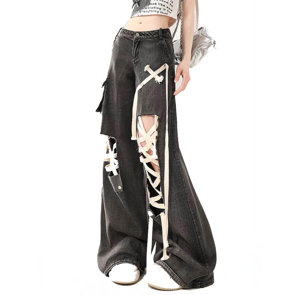 Lace Detail Wide-Leg Jeans