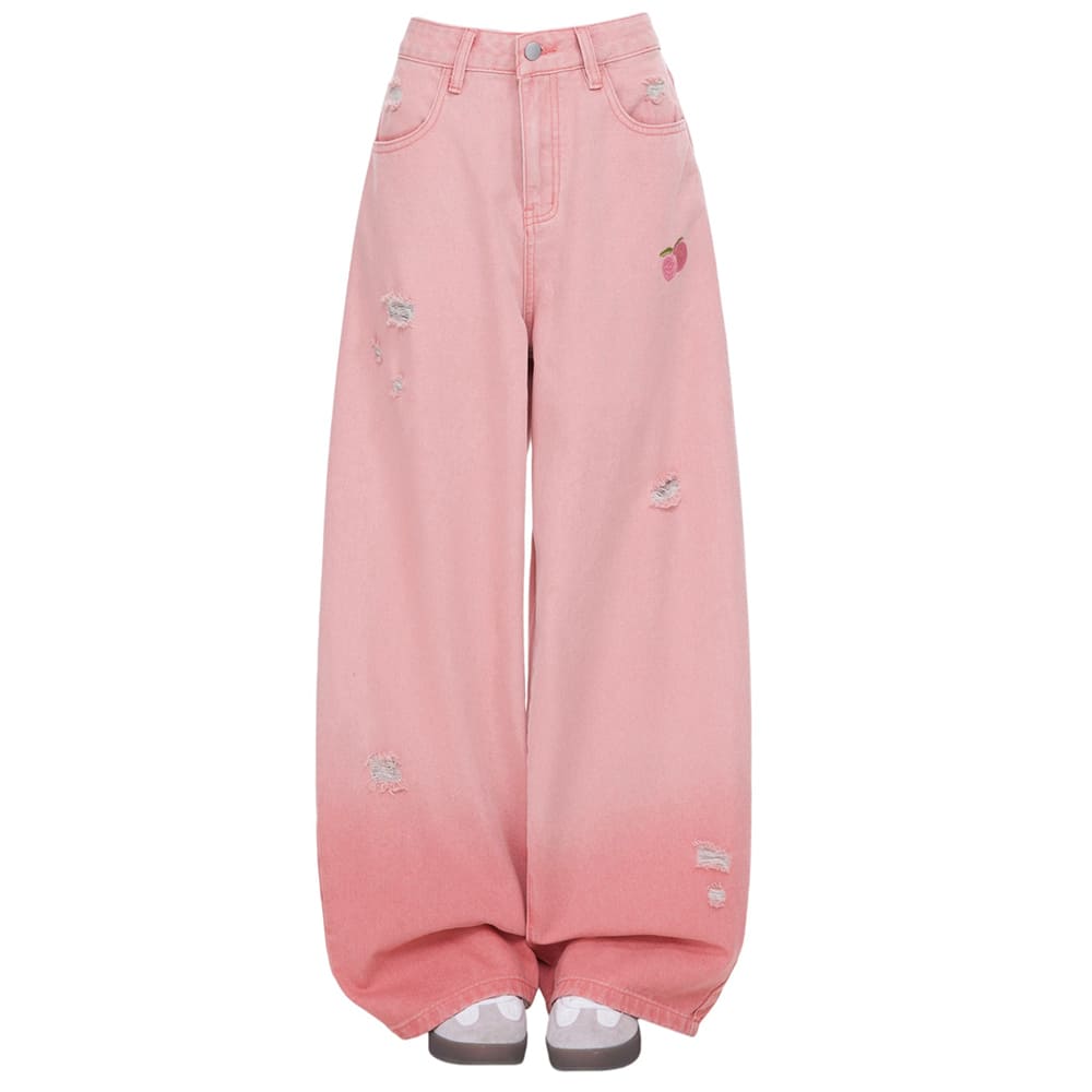 Pink Peaches Embroidery Baggy Jeans