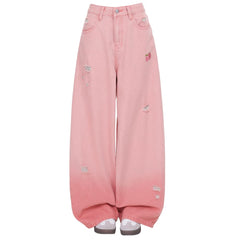 Pink Peaches Embroidery Baggy Jeans