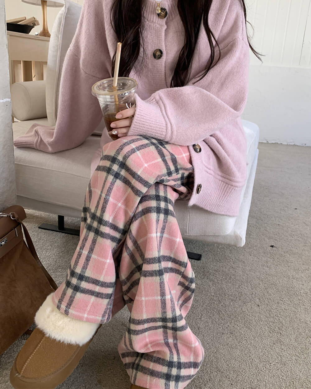 Pink Plaid Wide Leg Pants