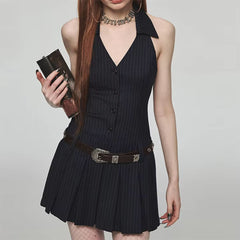 Pinstripe Halter Pleated Mini Dress
